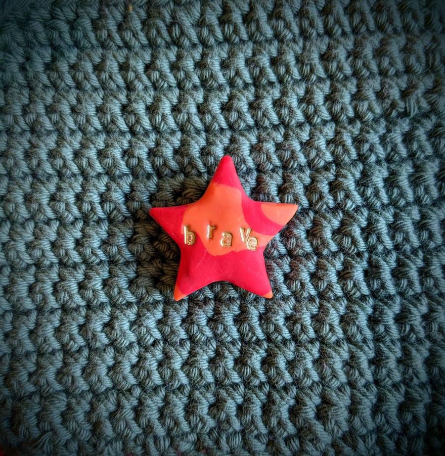 Affirmation Star - 'brave', orange & red - pocket token stone or badge