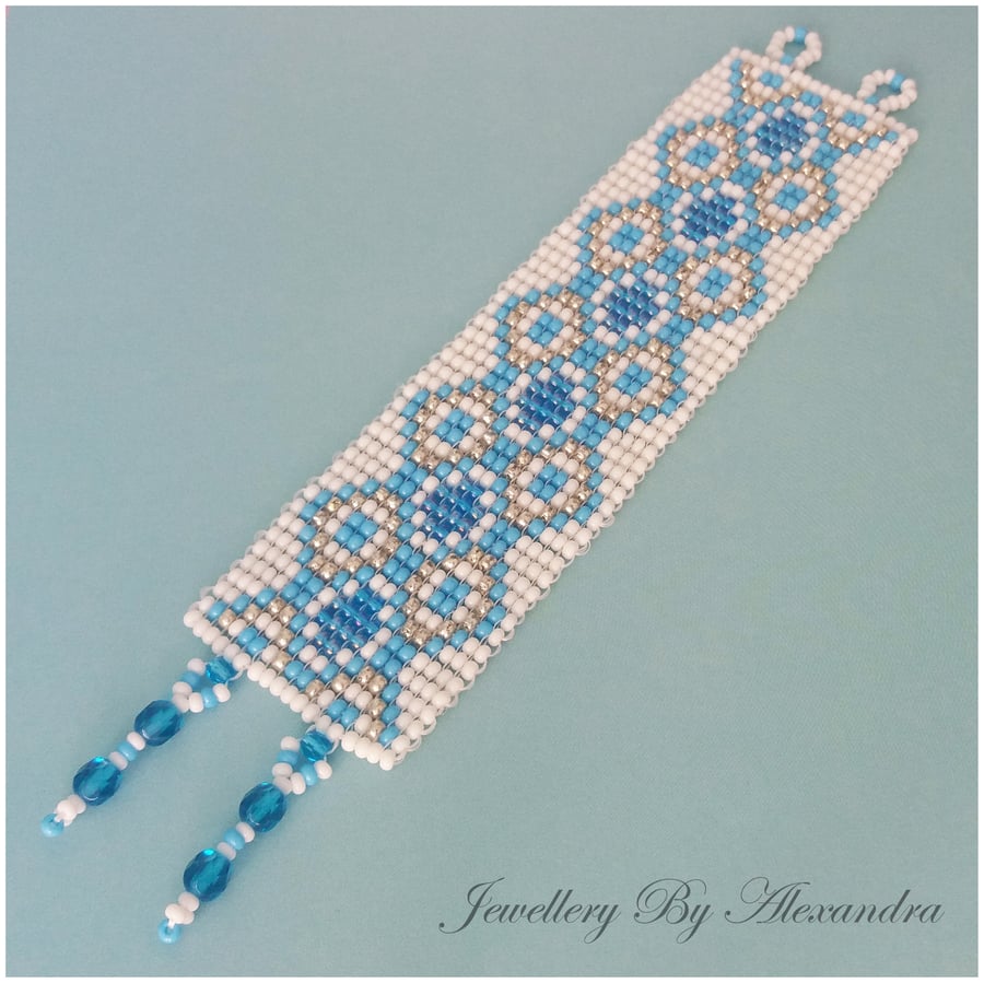 Wide Square Stitch Bracelet-Turquoise Blue, White and Silver