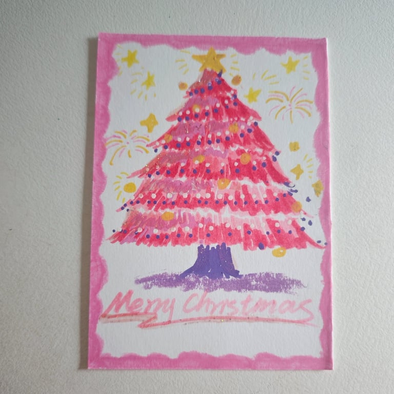 Original Hand-Painted Pink Christmas Tree Card with Envelope One of a Kind