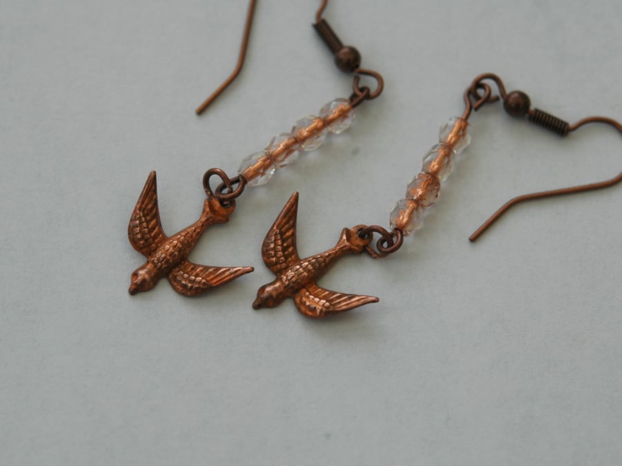 Flying Swallows Copper Bird Dangle Drop Earrings