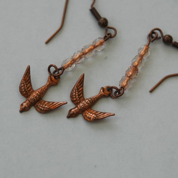 Flying Swallows Copper Bird Dangle Drop Earrings