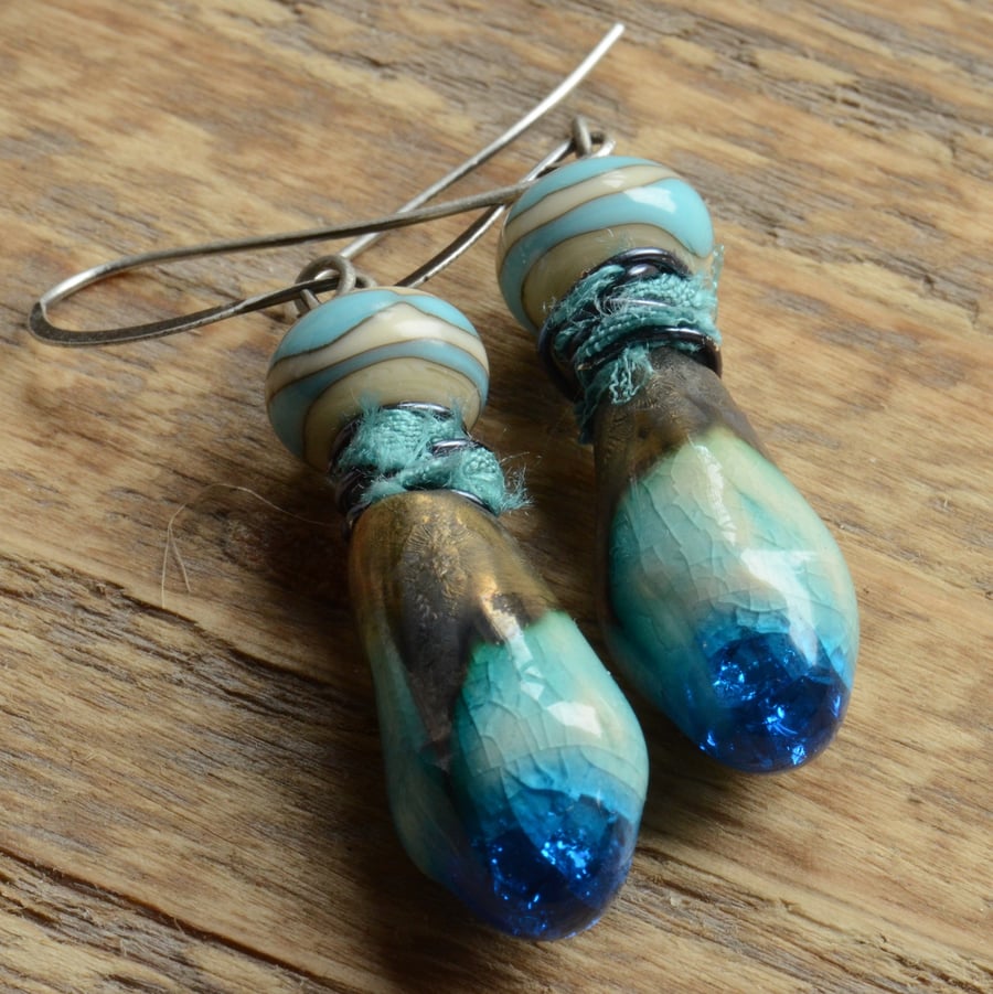 Turquoise Blue Ceramic Drop Earrings with Lampwork Glass Beads