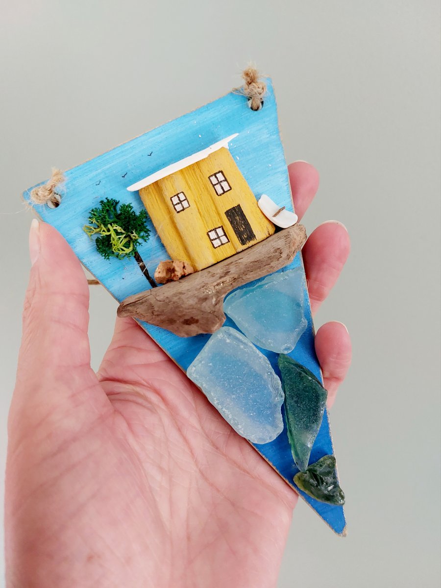 Driftwood Yellow Painted House - Rustic Sustainable Hanging Art with Sea Glass