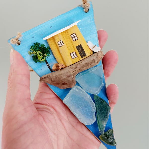 Driftwood Yellow Painted House - Rustic Sustainable Hanging Art with Sea Glass