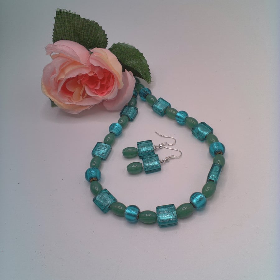 Green Square Glass Bead Jewellery Set, Jewellery Gift for Her, Gift Set