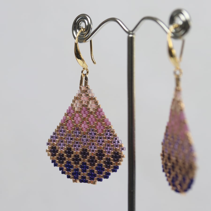 Teardrop Beaded Earrings in Pink and Purple Bubble Pattern