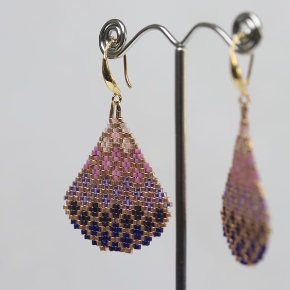 Teardrop Beaded Earrings in Pink and Purple Bubble Pattern