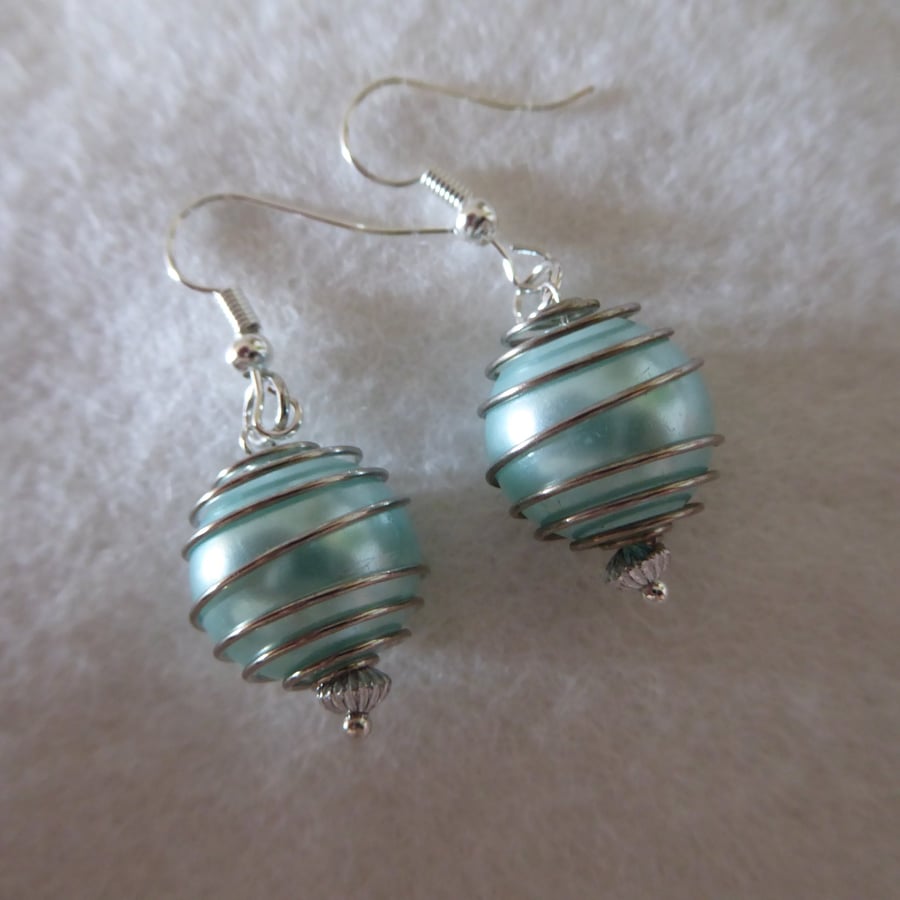 Earrings pale turquoise pearl bead in silver 4.5cm dangle 