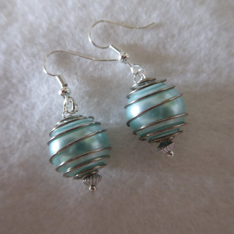 Earrings pale turquoise pearl bead in silver 4.5cm dangle 