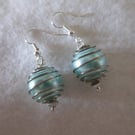 Earrings pale turquoise pearl bead in silver 4.5cm dangle 