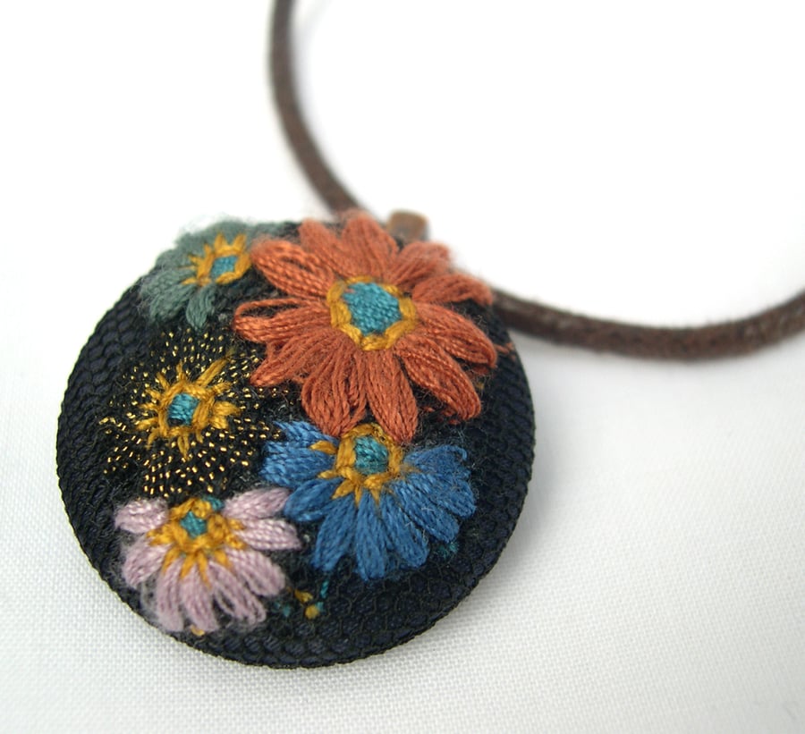 Unusual Gift Brown Cotton thong Upcycled Antique Embroidered Fabric Pendant