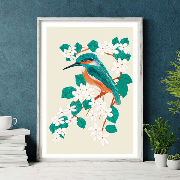 Bird art print Kingfisher and Blossoms