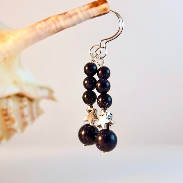 Blue Goldstone Earrings With Silver Stars - Handmade In Devon