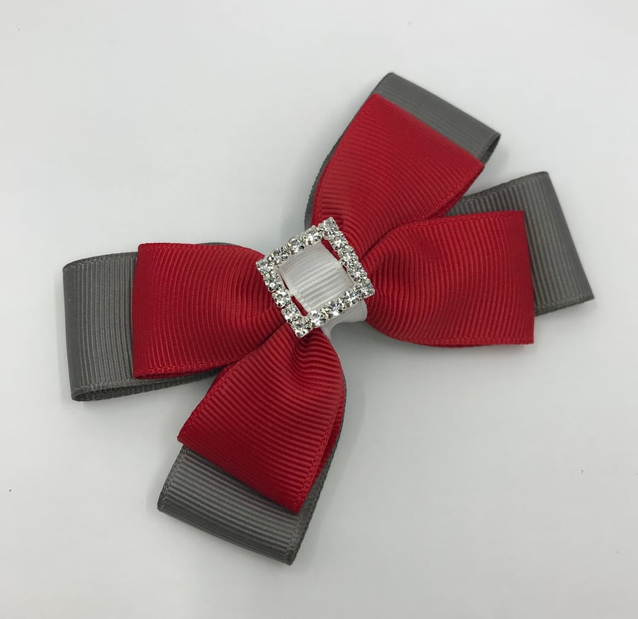 School Red, Grey and White Double Layer Bow on Clip