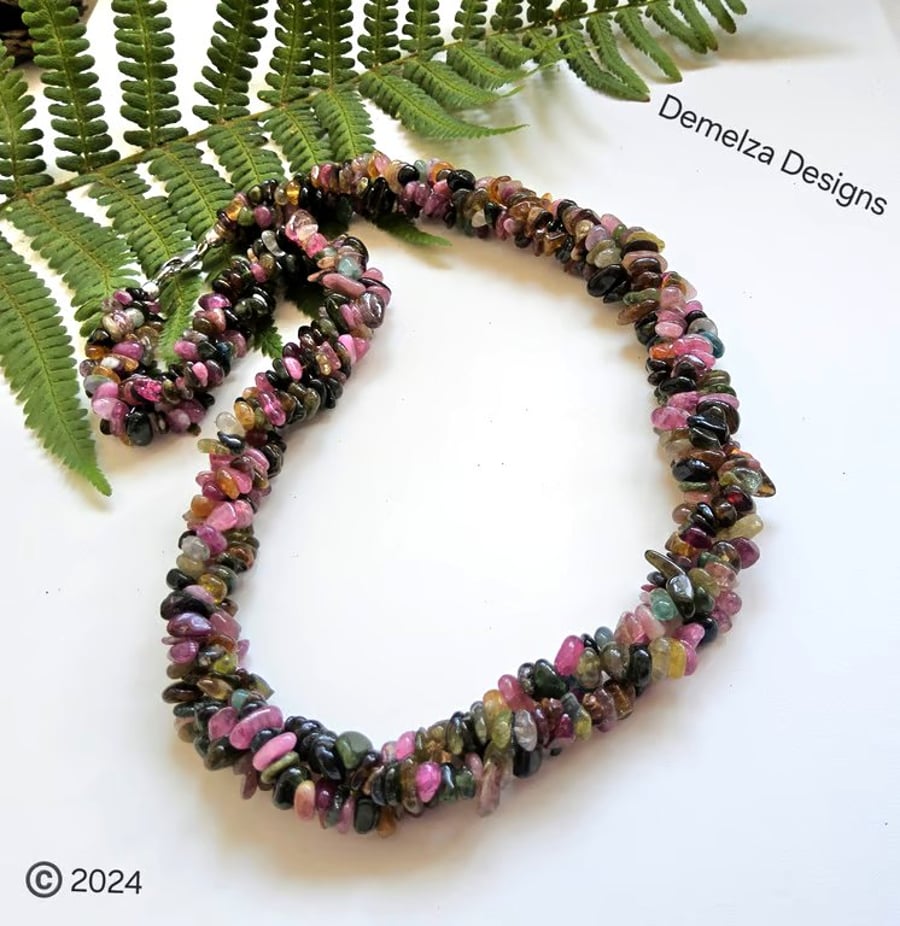 Watermelon Tourmaline Chunky Nugget Sterling Silver Necklace
