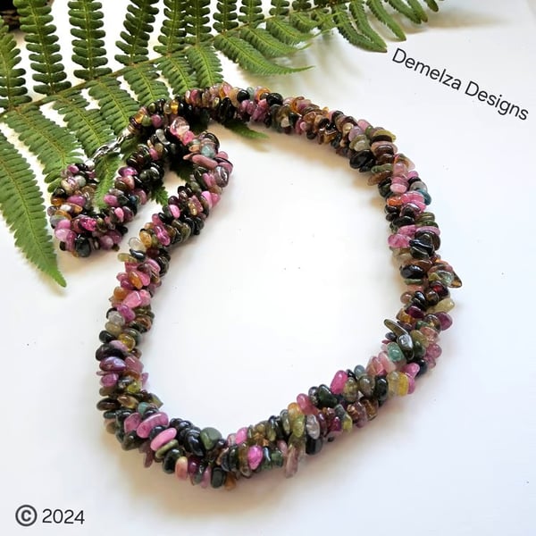 Watermelon Tourmaline Chunky Nugget Sterling Silver Necklace