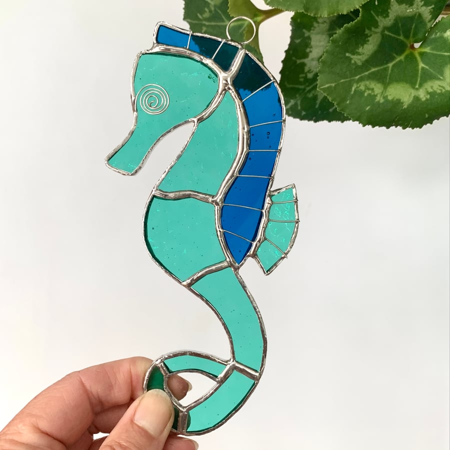 Stained Glass Seahorse Suncatcher- Handmade Window Decoration - Sea Green