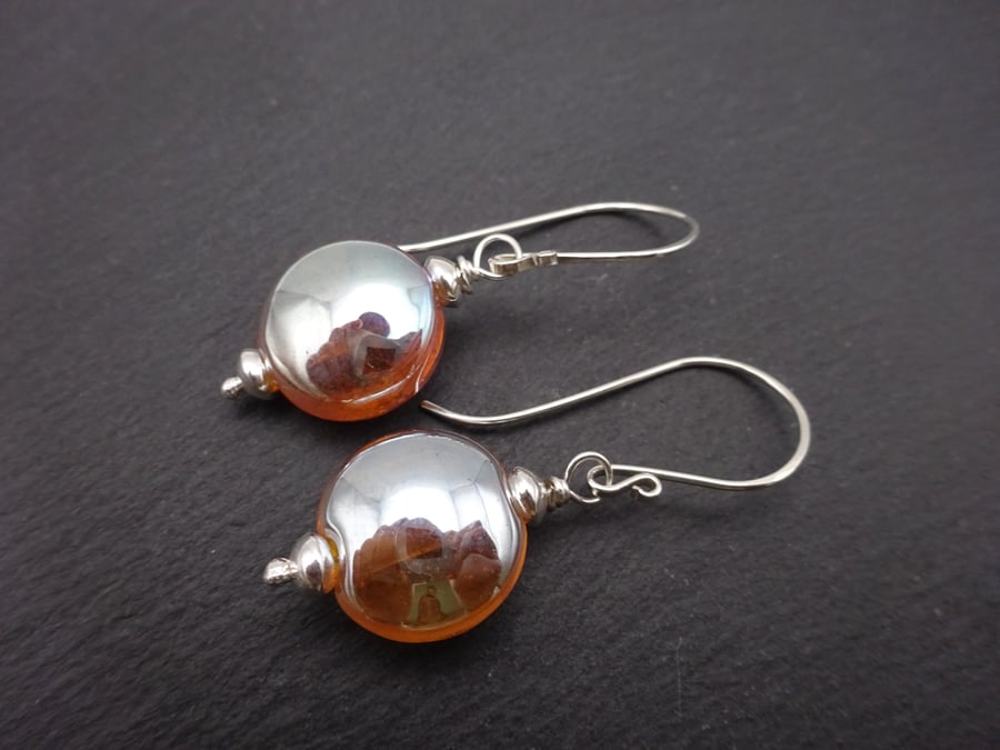 lampwork glass gold earrings, sterling silver jewellery