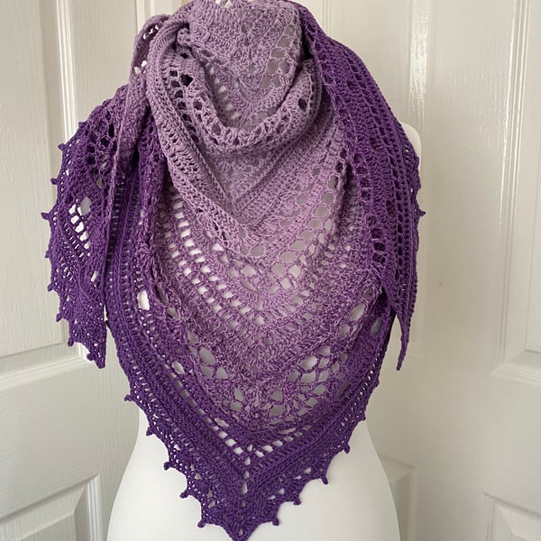Handmade crochet wrap-shawl in gradient yarn.