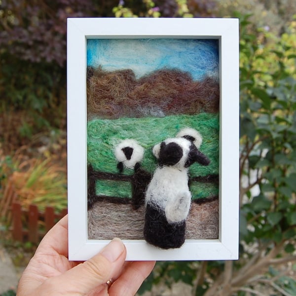  Needle felt picture - Border Collie watching  sheep .  