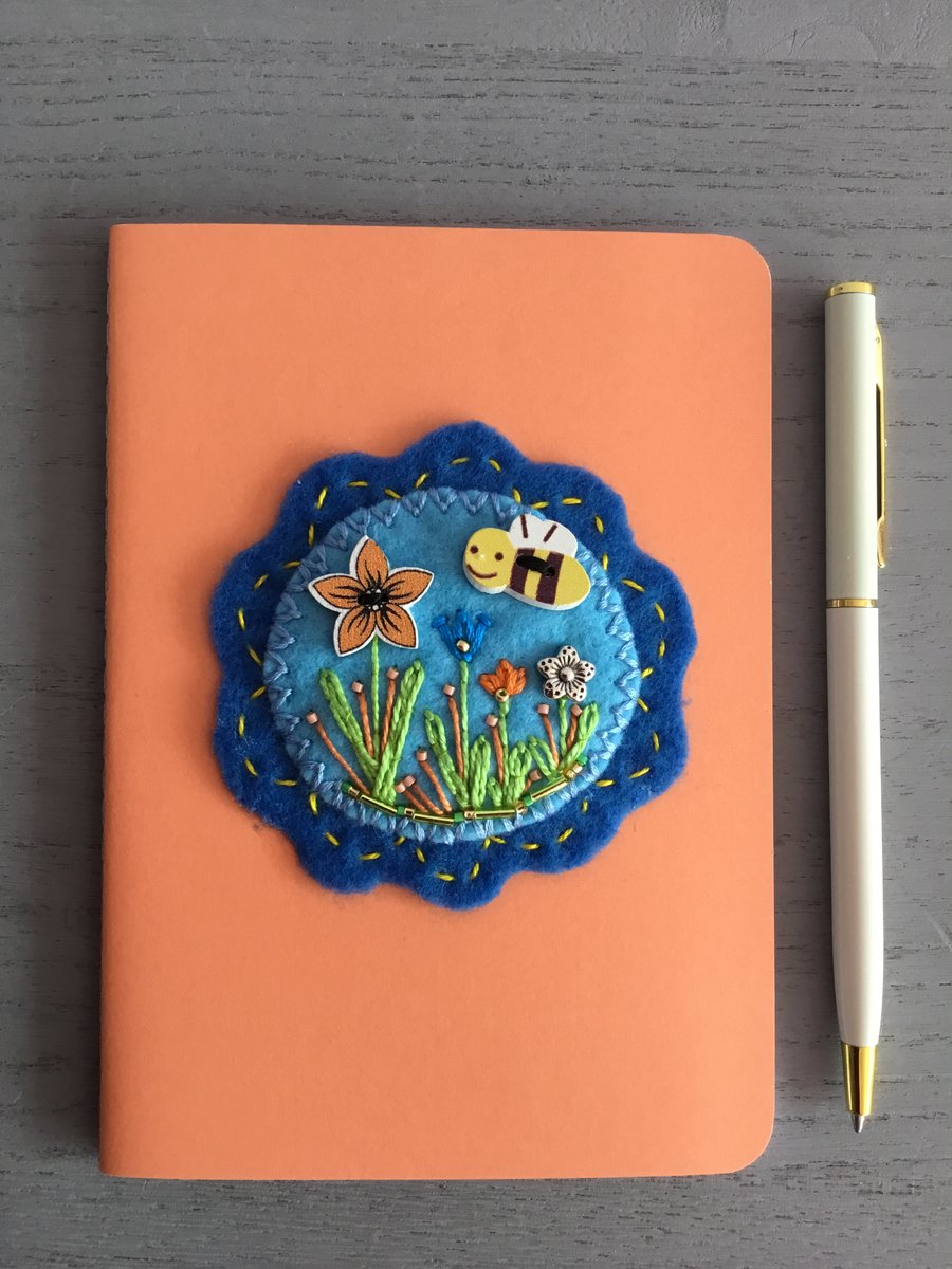 Hand Embroidered Garden Bee Notebook and Pen Set 