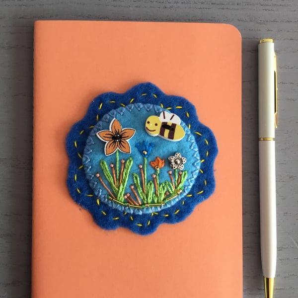 Hand Embroidered Garden Bee Notebook and Pen Set 