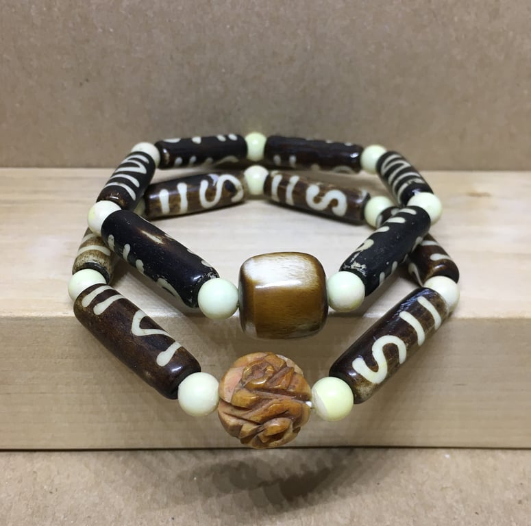 Beautiful set of Two Vintage Bone Beads Elasticated Couple Bracelet - Upcycled 