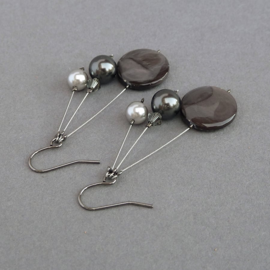 Dark Grey Three Strand Drop Earrings - Charcoal Dangly Earrings - Gifts for Her 