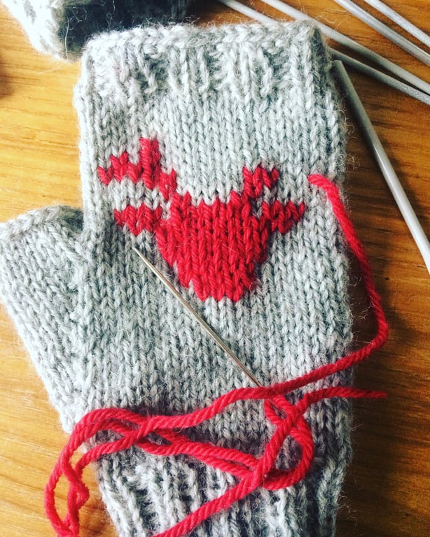 Grey Red Fingerless Mittens Gloves Scandinavian Nordic Reindeer Deer Buck