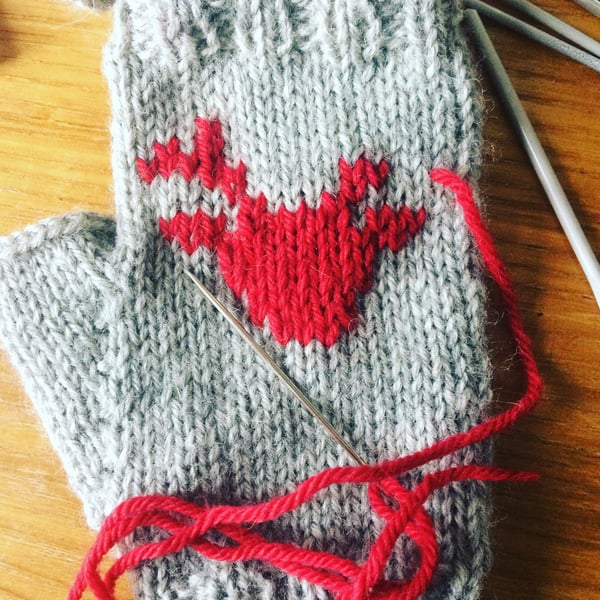 Grey Red Fingerless Mittens Gloves Scandinavian Nordic Reindeer Deer Buck