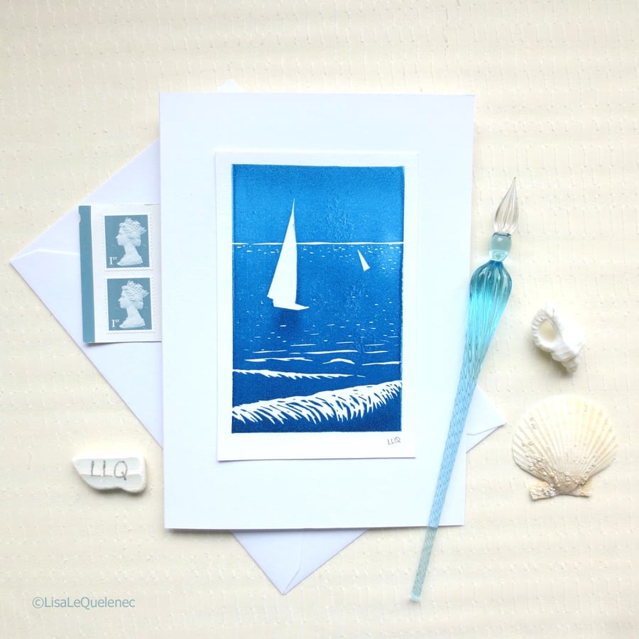 Summer sailing hand printed blank art card perfect for sailors