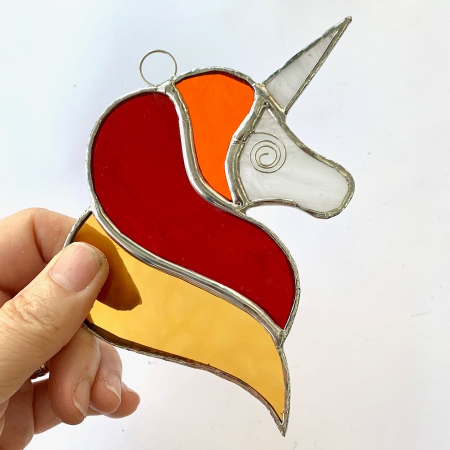 Stained Glass Unicorn Suncatcher - Handmade Decoration - Amber, Red, Orange