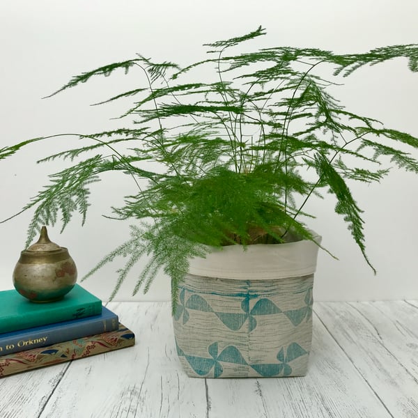 Hand Printed Linen Storage Basket, Storage Pot, Plant Pot - Teal Blue