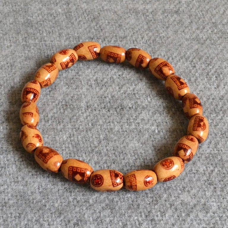 Patterned Wooden Barrel Bead Elastic Bracelet