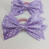 Set of 2 Purple Ribbon Bows on Hair Elastic – Layered Polka Dot Hair band