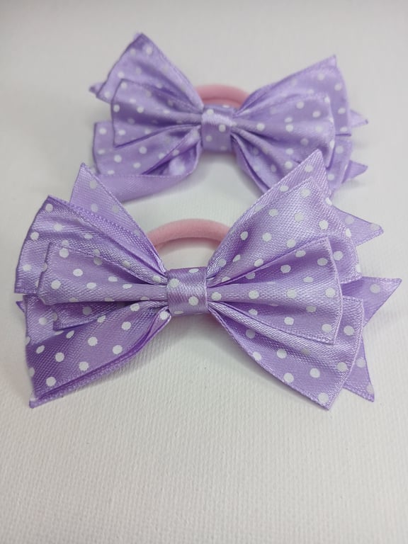 Set of 2 Purple Ribbon Bows on Hair Elastic – Layered Polka Dot Hair band