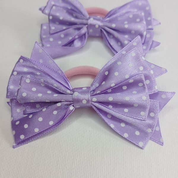 Set of 2 Purple Ribbon Bows on Hair Elastic – Layered Polka Dot Hair band