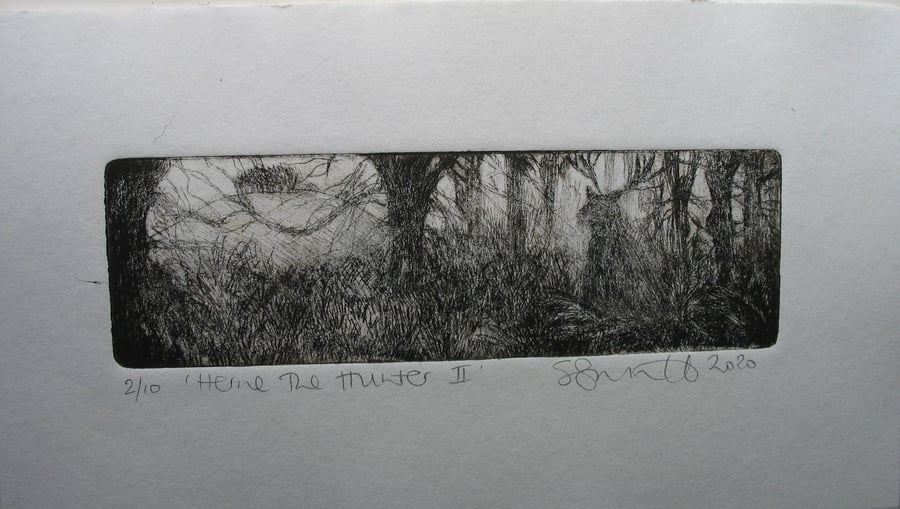 Moody drypoint etching 'Herne the Hunter II'