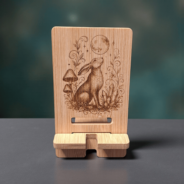 Moon Gazing Hare Bamboo Phone Holder – Wooden Phone Stand – Mystical Woodland De