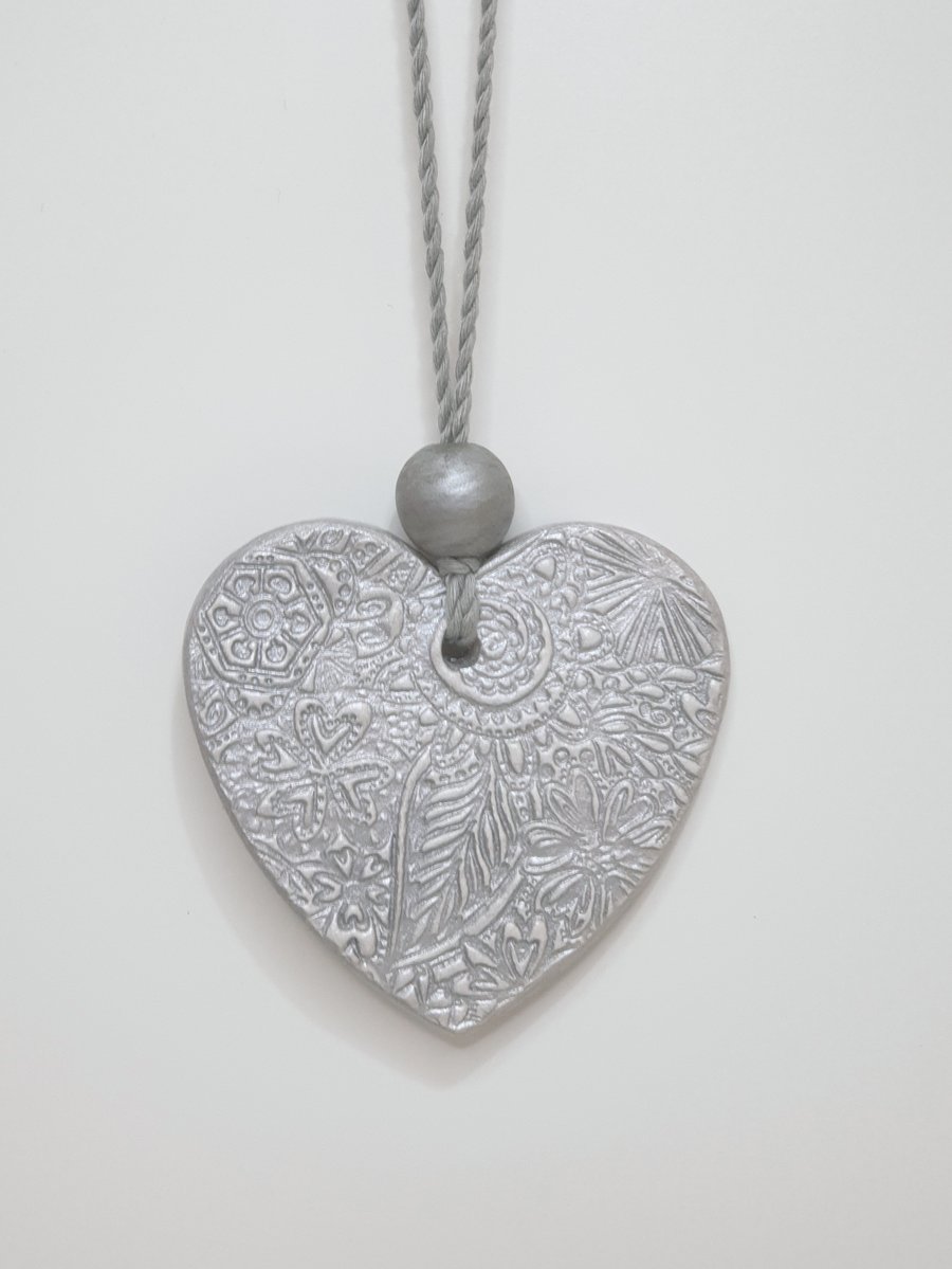 Silver heart hanging decoration, clay heart, 25th anniversary gift idea
