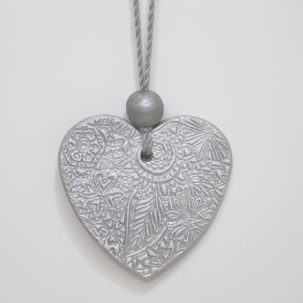 Silver heart hanging decoration, clay heart, 25th anniversary gift idea