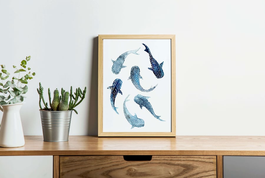 Watercolour Whale Sharks  A4 Art Print