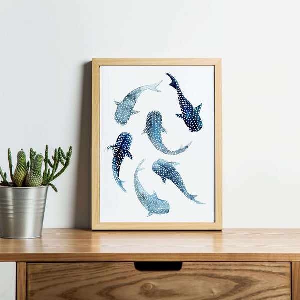 Watercolour Whale Sharks  A4 Art Print