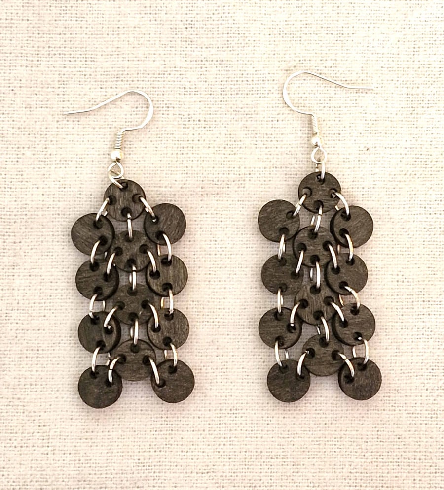 Laser Cut Wood & Silver Chandelier Earrings, Handmade Statement Earrings