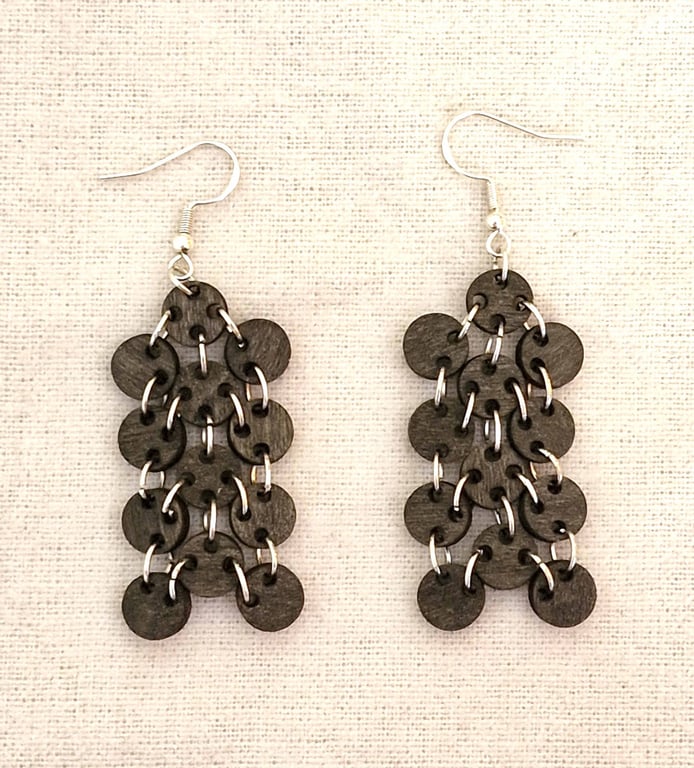 Laser Cut Wood & Silver Chandelier Earrings, Handmade Statement Earrings