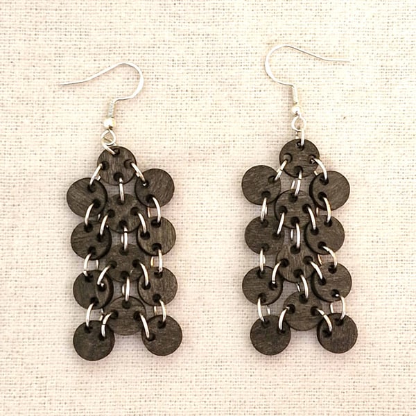 Laser Cut Wood & Silver Chandelier Earrings, Handmade Statement Earrings