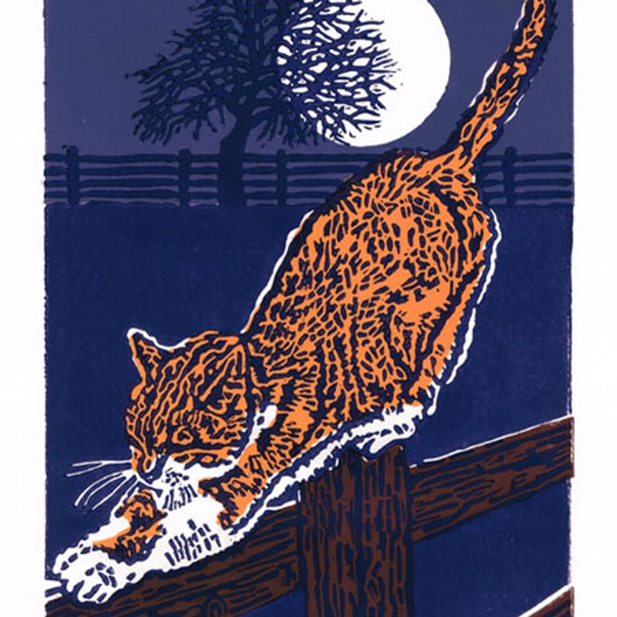 Marmalade Cat by Moonlight - Original, Limited Edition Linocut Print