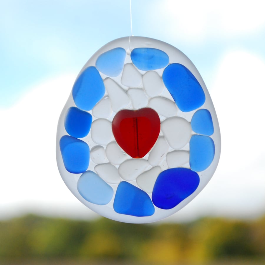 Mosaic glass sun catcher with red heart