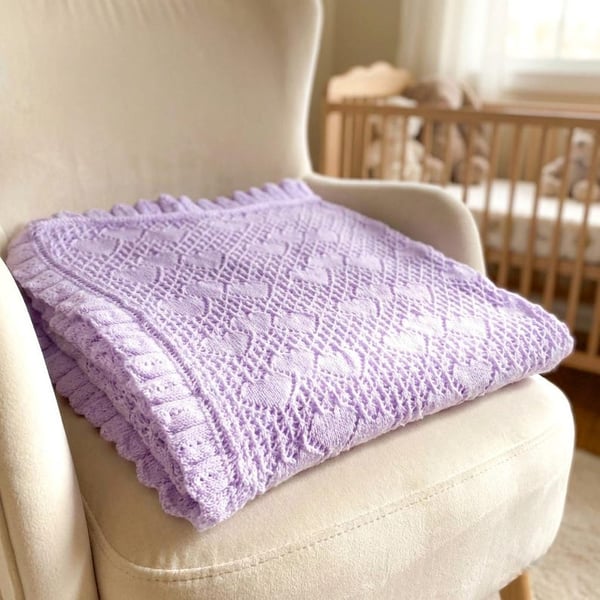 Hand Knitted Lilac Baby Shawl with Heart Lace and Ruffle Edge