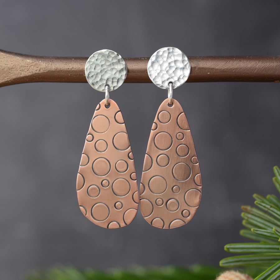 Silver and copper dangle earrings - Textured Artisan Handmade Jewellery 